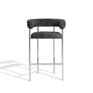 Furniture Copenhagen Font Bar Stool with Armrests 75 cm Sheepskin Gray/Polished Steel Frame