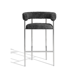 Furniture Copenhagen Font Bar Stool with Armrests 65 cm Sheepskin Gray/Polished Steel Frame