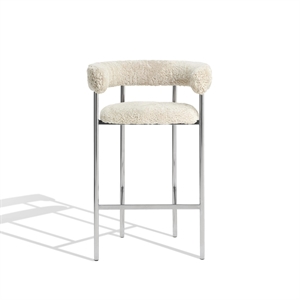 Furniture Copenhagen Font Bar Stool with Armrests 75 cm Sheepskin Oyster/Polished Steel Frame