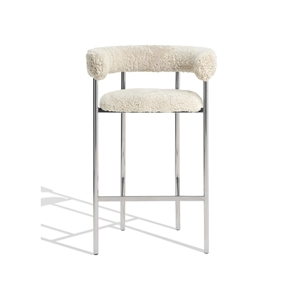 Furniture Copenhagen Font Bar Stool with Armrests 65 cm Sheepskin Oyster/Polished Steel Frame